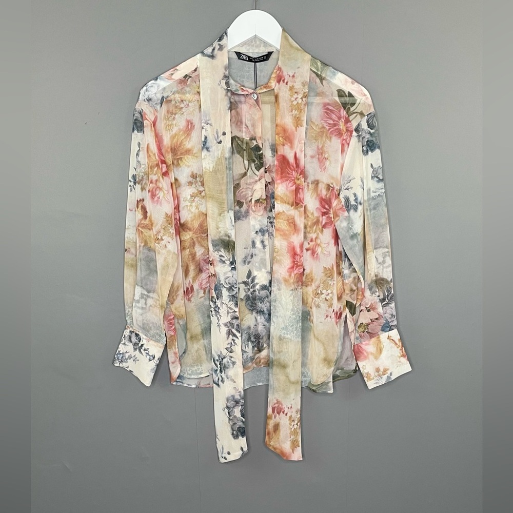 Zara Women's Floral Print Shirt with Tie NWT - Picture 2 of 16